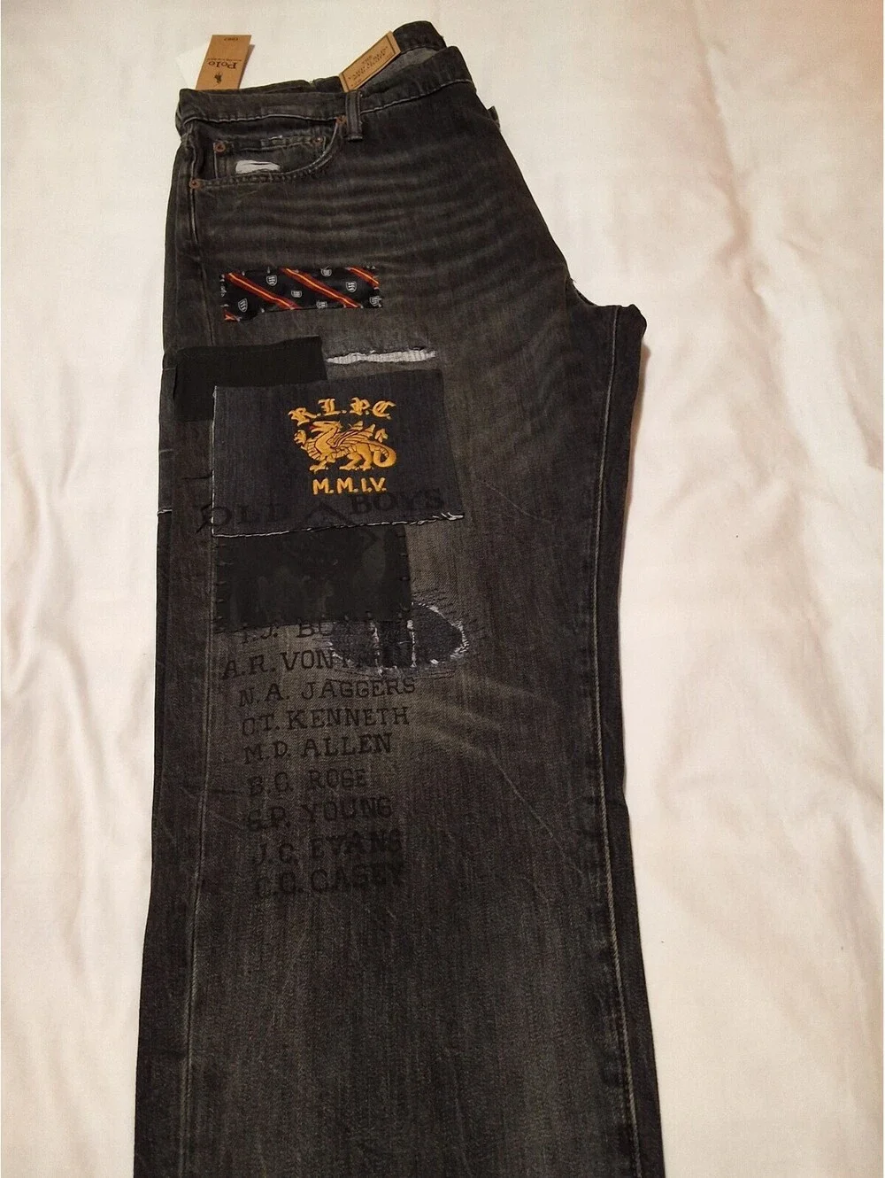 Polo Ralph Lauren Men's Distressed Black Denim Jeans with Patchwork Detail